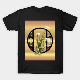 White iris watercolor flowers with a chinese lattice T-Shirt